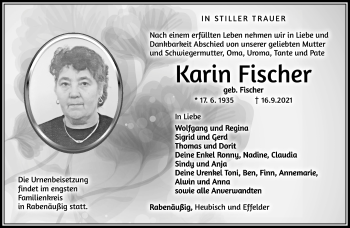Traueranzeige von Karin Fischer von Südthüringer Presse