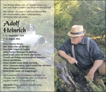 Traueranzeige von Adolf Heinrich von Südthüringer Presse