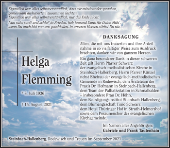 Traueranzeige von Helga Flemming von Südthüringer Presse