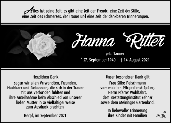 Traueranzeige von Hann Ritter von Südthüringer Presse