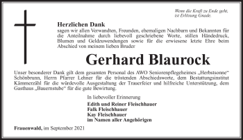 Traueranzeige von Gerhard Blaurock von Südthüringer Presse