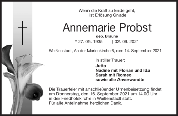 Traueranzeige von Annemarie Probst von Frankenpost