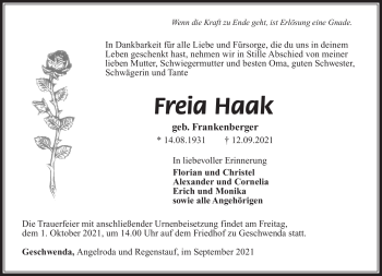 Traueranzeige von Freia Haak von Südthüringer Presse