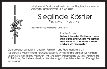 Traueranzeige von Sieglinde Köstler von Frankenpost