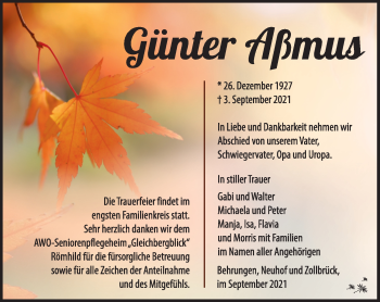 Traueranzeige von Günter Aßmus von Südthüringer Presse