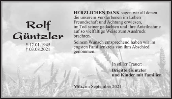 Traueranzeige von Rolf Güntzler von Südthüringer Presse