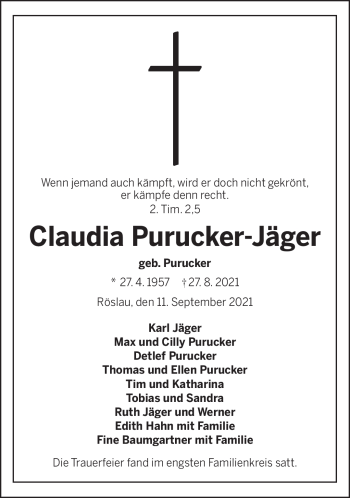 Traueranzeige von Claudia Purucker-Jäger von Frankenpost