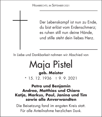 Traueranzeige von Maja Pistel von Frankenpost