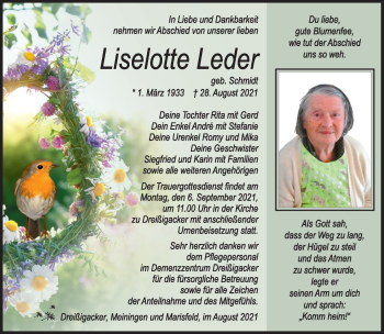 Traueranzeige von Liselotte Leder von Südthüringer Presse