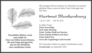 Traueranzeige von Hartmut Blankenburg von Südthüringer Presse