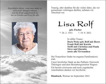 Traueranzeige von Lisa Rolf von Südthüringer Presse