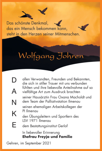 Traueranzeige von Wolfgang Johren von Südthüringer Presse
