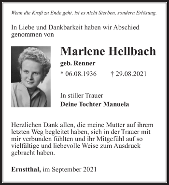 Traueranzeige von Marlene Hellbach von Südthüringer Presse