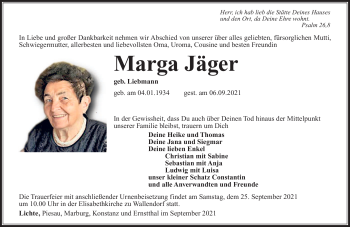 Traueranzeige von Marga Jäger von Südthüringer Presse