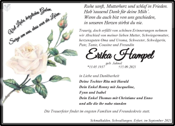 Traueranzeige von Erika Hampel von Südthüringer Presse