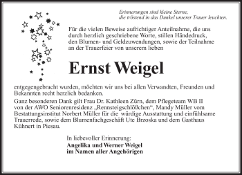 Traueranzeige von Ernst Weigel von Südthüringer Presse