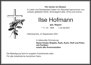 Traueranzeige von Ilse Hofmann von Frankenpost
