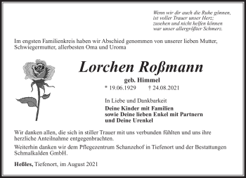 Traueranzeige von Lorchen Roßmann von Südthüringer Presse