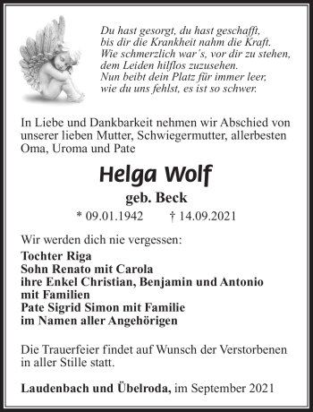 Traueranzeige von Helga Wolf von Südthüringer Presse