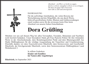 Traueranzeige von Dora Grüßing von Südthüringer Presse