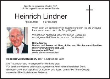 Traueranzeige von Heinrich Lindner von Neue Presse Coburg