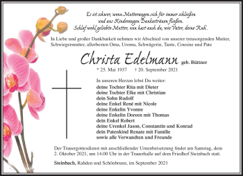 Traueranzeige von Christa Edelmann von Südthüringer Presse