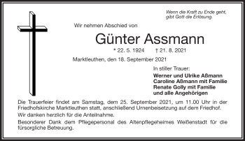 Traueranzeige von Günter Assmann von Frankenpost