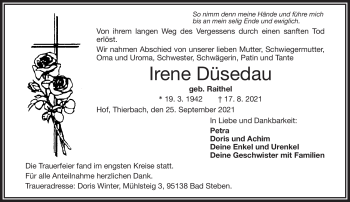 Traueranzeige von Irene Düsedau von Frankenpost