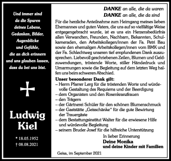 Traueranzeige von Ludwig Kiel von Südthüringer Presse