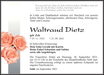 Traueranzeige von Waltraud Dietz von Südthüringer Presse