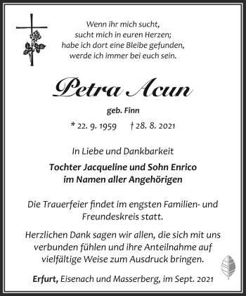 Traueranzeige von Petra Acun von Südthüringer Presse