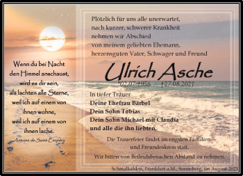 Traueranzeige von Ulrich Asche von Südthüringer Presse