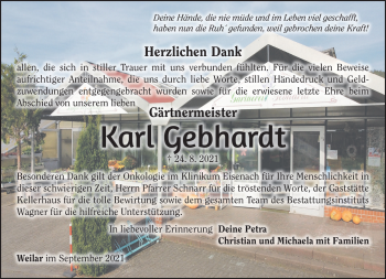 Traueranzeige von Karl Gebhardt von Südthüringer Presse