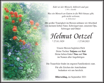 Traueranzeige von Helmut Oetzel von Südthüringer Presse