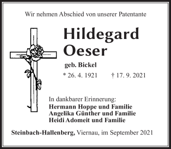 Traueranzeige von Hildegard Oeser von Südthüringer Presse