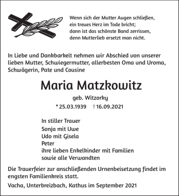 Traueranzeige von Maria Matzkowitz von Südthüringer Presse