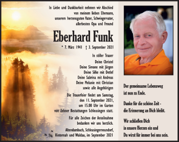 Traueranzeige von Eberhard Funk von Südthüringer Presse