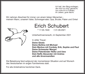 Traueranzeige von Erich Schubert von Frankenpost