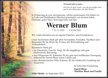 Traueranzeige von Werner Blum von Südthüringer Presse