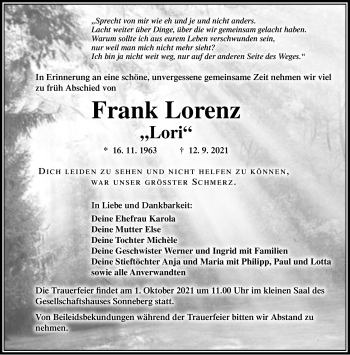 Traueranzeige von Frank Lorenz von Südthüringer Presse