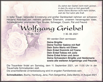 Traueranzeige von Wolfgang Griebel von Südthüringer Presse