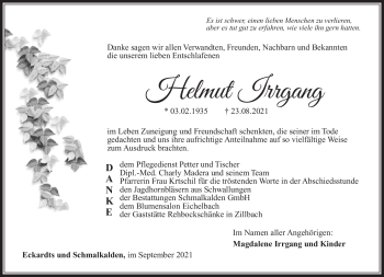 Traueranzeige von Helmut Irrgang von Südthüringer Presse