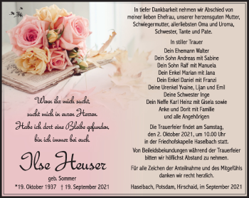 Traueranzeige von Ilse Heuser von Südthüringer Presse