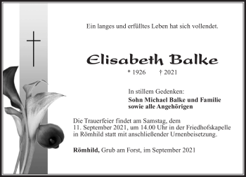 Traueranzeige von Elisabeth Balke von Südthüringer Presse