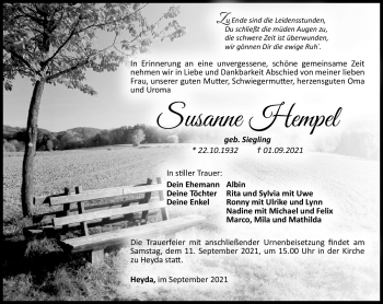 Traueranzeige von Susanne Hempel von Südthüringer Presse