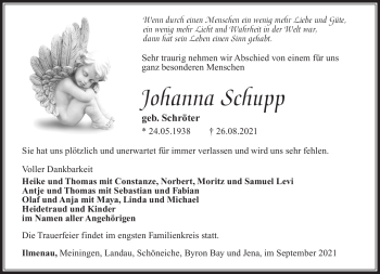 Traueranzeige von Johanna Schupp von Südthüringer Presse