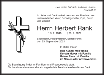 Traueranzeige von Herbert Rank von Frankenpost
