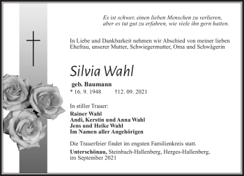 Traueranzeige von Silvia Wahl von Südthüringer Presse