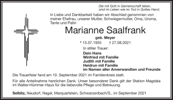 Traueranzeige von Marianne Saalfrank von Frankenpost