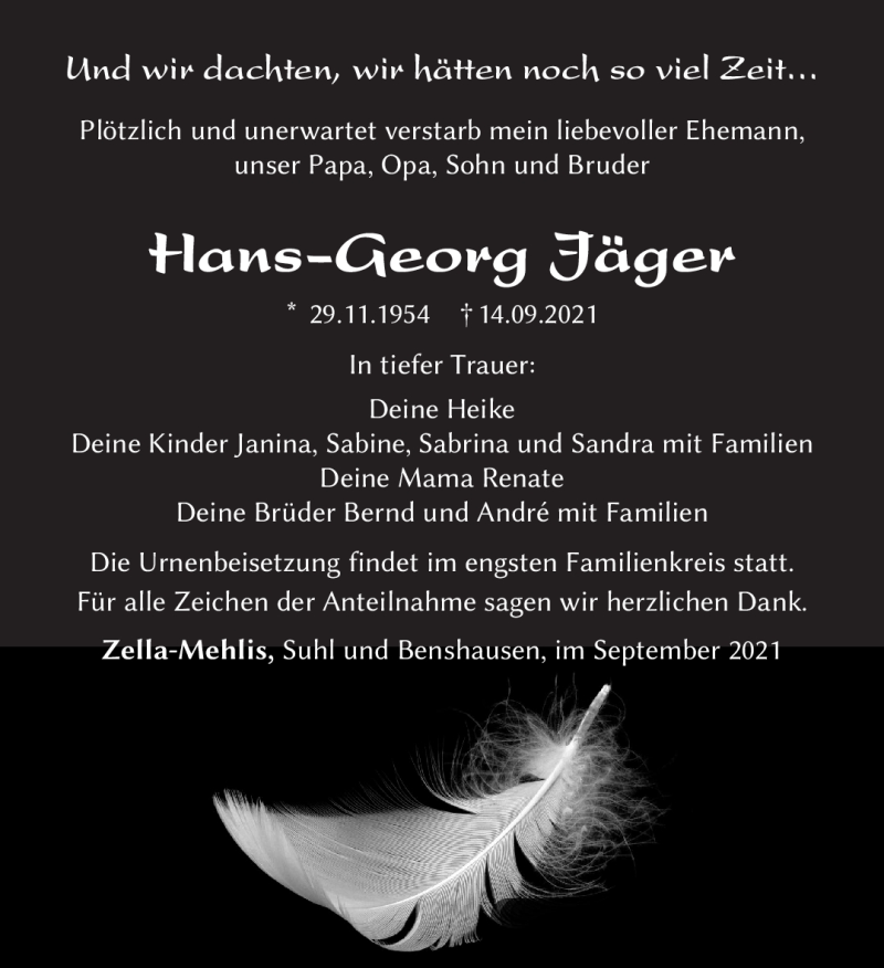  Traueranzeige für Hans-Georg Jäger vom 18.09.2021 aus Südthüringer Presse